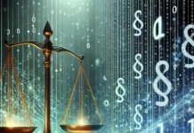 Bilancia della giustizia su sfondo di codice binario, simbolo di proporzionalità e giustizia digitale.