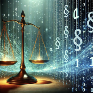 Bilancia della giustizia su sfondo di codice binario, simbolo di proporzionalità e giustizia digitale.