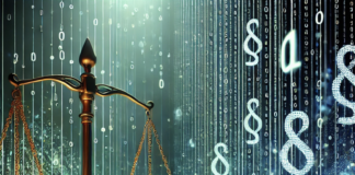 Bilancia della giustizia su sfondo di codice binario, simbolo di proporzionalità e giustizia digitale.