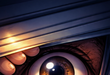 Illustrazione in stile cartone animato di un occhio che osserva attraverso una fessura, immagine simbolica del reato di stalking e degli atti persecutori.