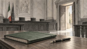 Sospensione condizionale: il precedente beneficio, da solo, non basta a negarla di nuovo Illustrazione di un fascicolo e una penna in un’aula di giustizia vuota, con una porta aperta sullo sfondo.