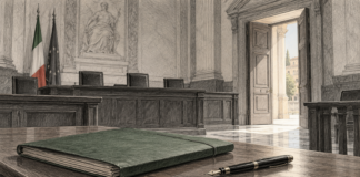 Sospensione condizionale: il precedente beneficio, da solo, non basta a negarla di nuovo Illustrazione di un fascicolo e una penna in un’aula di giustizia vuota, con una porta aperta sullo sfondo.