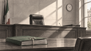 Il giudice onorario si astiene: il rinvio dell’udienza non sospende la prescrizione Illustrazione di una sedia vuota del giudice, un fascicolo e un orologio in un’aula di giustizia.