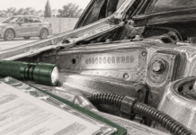 Auto rubata e telaio falsificato: condanna annullata per l’errore sul reato presupposto Illustrazione del controllo tecnico della zona identificativa del telaio di un’automobile.