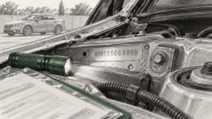 Auto rubata e telaio falsificato: condanna annullata per l’errore sul reato presupposto Illustrazione del controllo tecnico della zona identificativa del telaio di un’automobile.