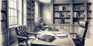 Illustrazione di uno studio professionale con scrivania, documenti e librerie.